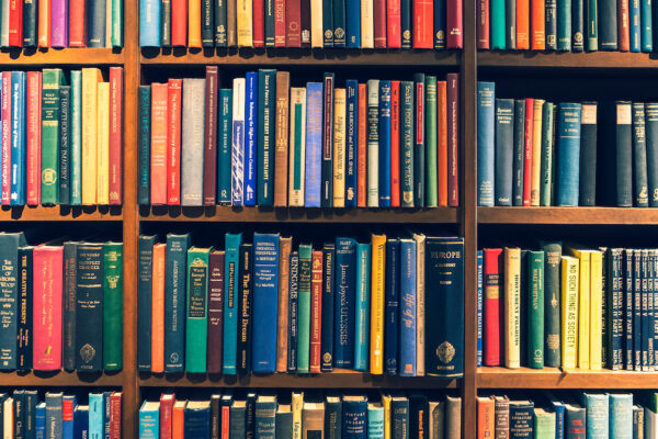 English textbooks on bookshelf Library education background