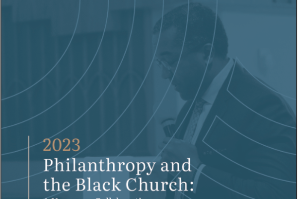 Image of the report cover. Text: "2023 Philanthropy and the Black Church: A Necessary Collaborative; Authors: Reggie Blount, Tasha Gibson, Elizabeth Lynn; Report on April 2023 Symposium co-sponsored by the Center for the Church and the Black Experience at Garrett-Evangelical Theological Seminary and Lake Institute on Faith & Giving at the Indiana University Lilly Family School of Philanthropy." Images at top of report: Lake Institute on Faith & Giving logo and Garrett-Evangelical Theological Seminary logo. Main image: one of the symposium speakers giving a talk from the podium.