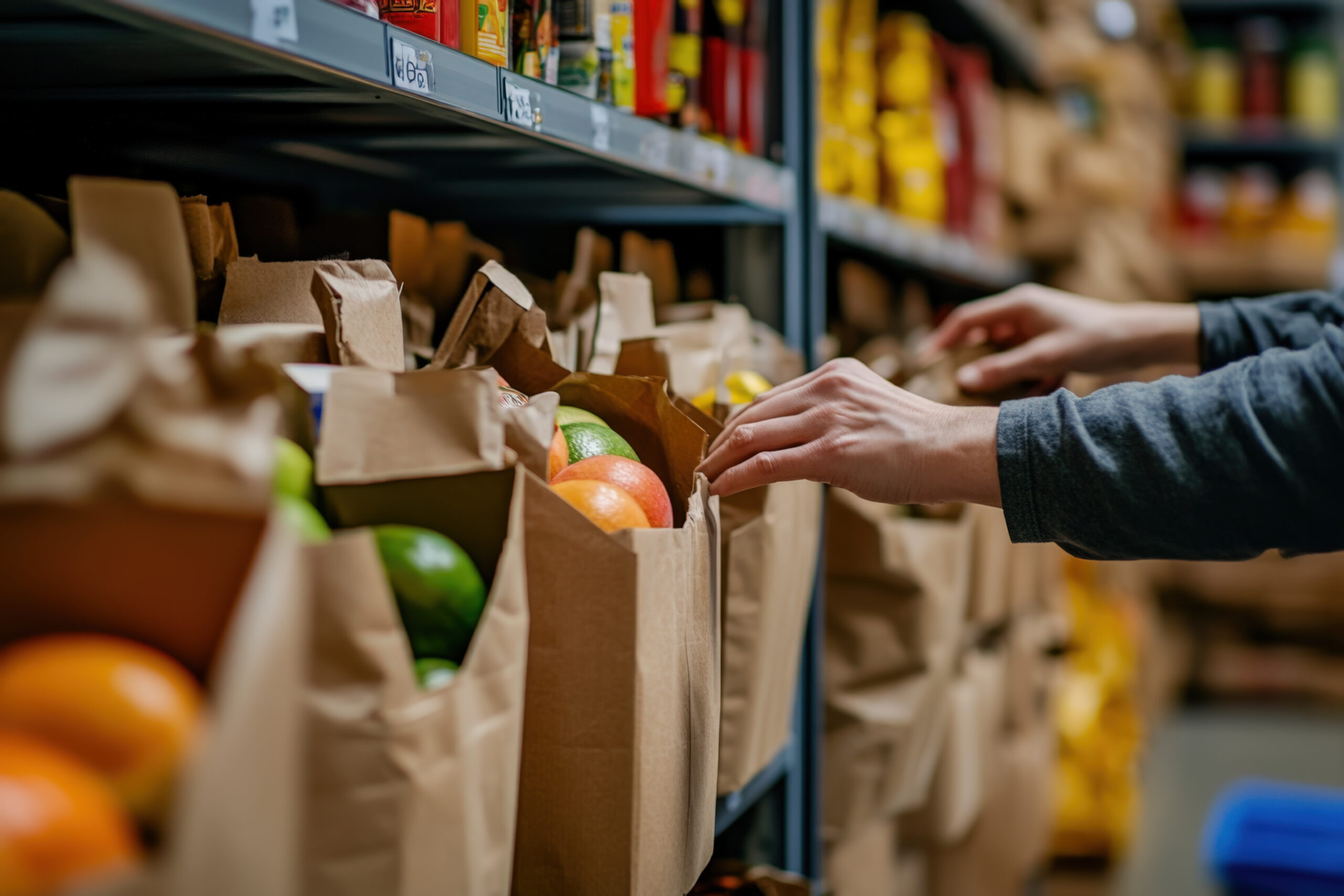 Image of shelves of food and a food pantry worker putting fresh produce into a bag