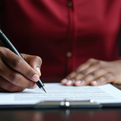 women writing with a pen on a clipboard