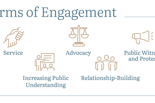 Infographic titled '7 Forms of Engagement' with a large decorative '7' on the left. Seven icons are arranged in two rows, each paired with a label: a standing figure icon labeled 'Leadership'; a helping-hands icon labeled 'Service'; a person presenting a chart icon labeled 'Increasing Public Understanding'; a balance scale icon labeled 'Advocacy'; three people standing together icon labeled 'Relationship-Building'; a megaphone icon labeled 'Public Witness and Protest'; and a clock with a counterclockwise arrow icon labeled 'Repair'. A small Lake Institute appears in the bottom right corner.
