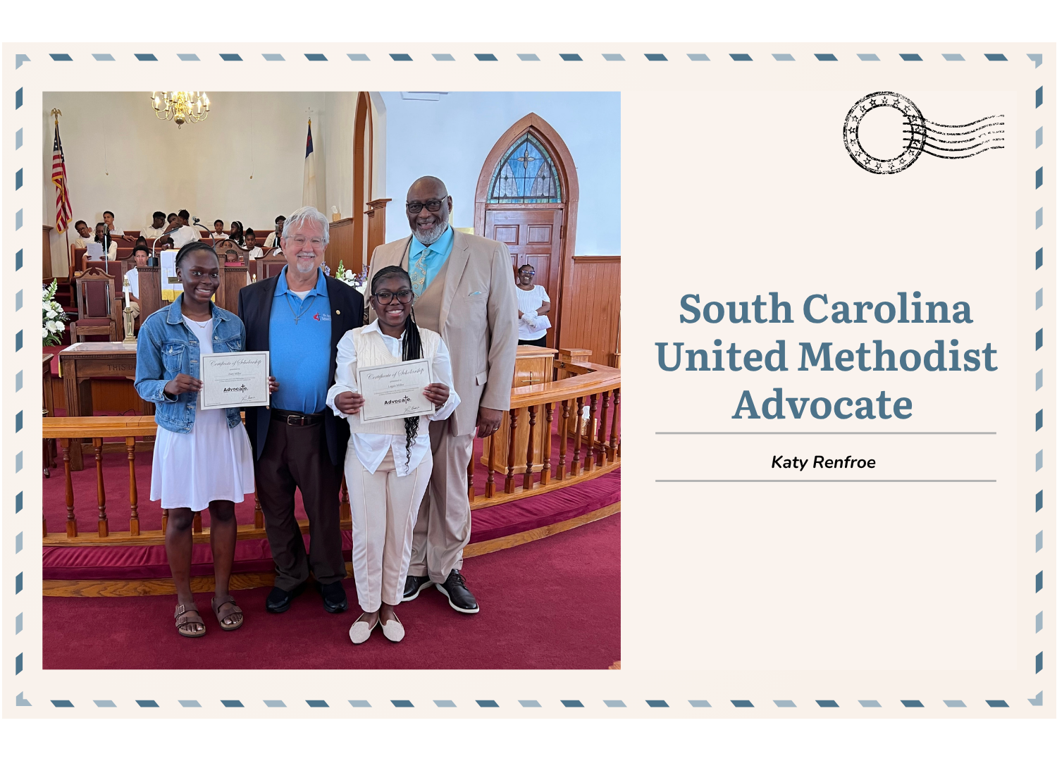 Sisters Zooey Miller (left) and Logan Miller stand with their pastor, the Rev. Louis Ashley (far right), and Advocate Board Chair Mike Henderson (second from left).